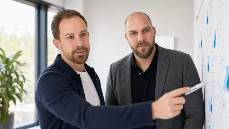 Frederic Baltes und David Rofall bei der gemeinsamen Arbeit am Whiteboard