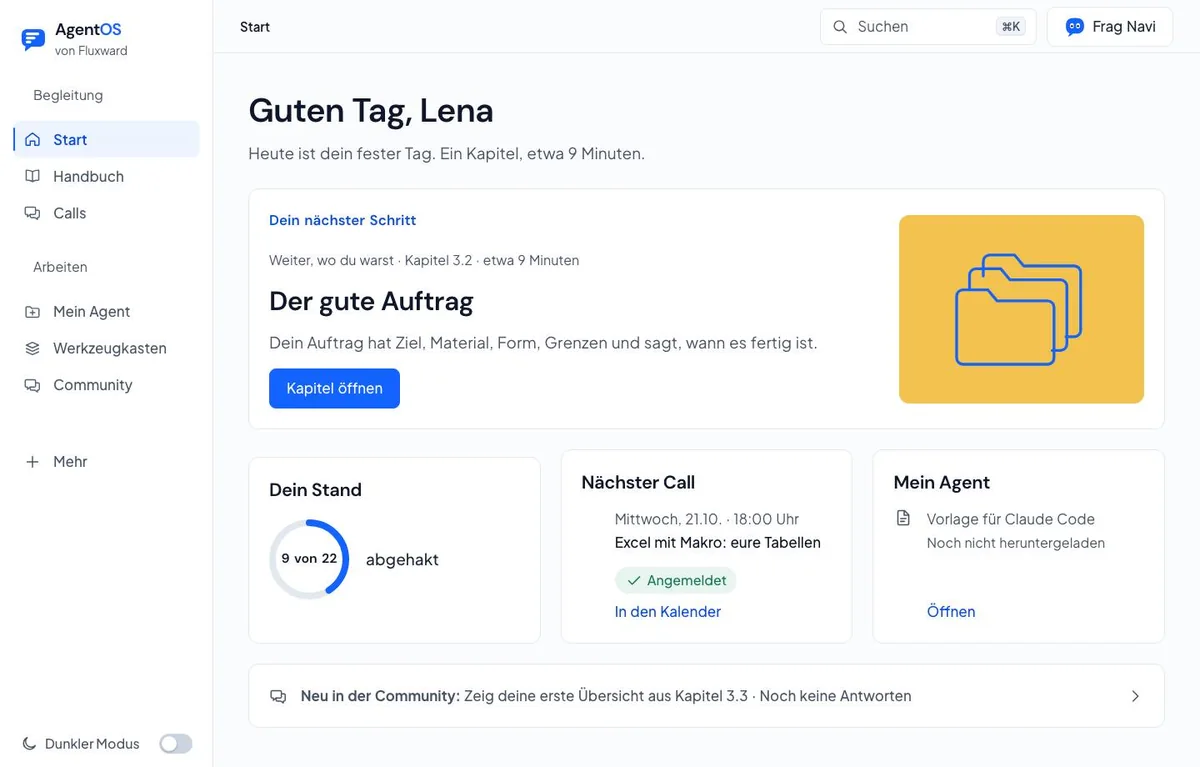 Einblick ins AgentOS-Portal: nächster Schritt, abgehakte Kapitel, nächster Call und Mein Agent